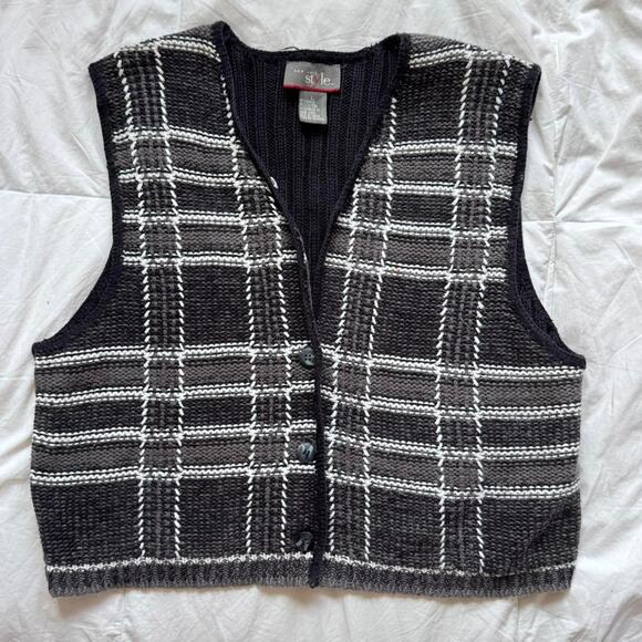 Vintage Sweaters - Vintage plaid knit sweater vest sz L preppy 90s check grunge witchy teacher